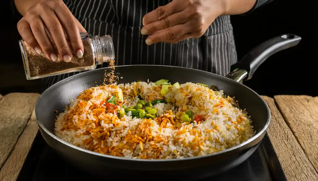Seseorang sedang memberikan bumbu ke masakan nasi goreng. Source: faturlp/Freepik