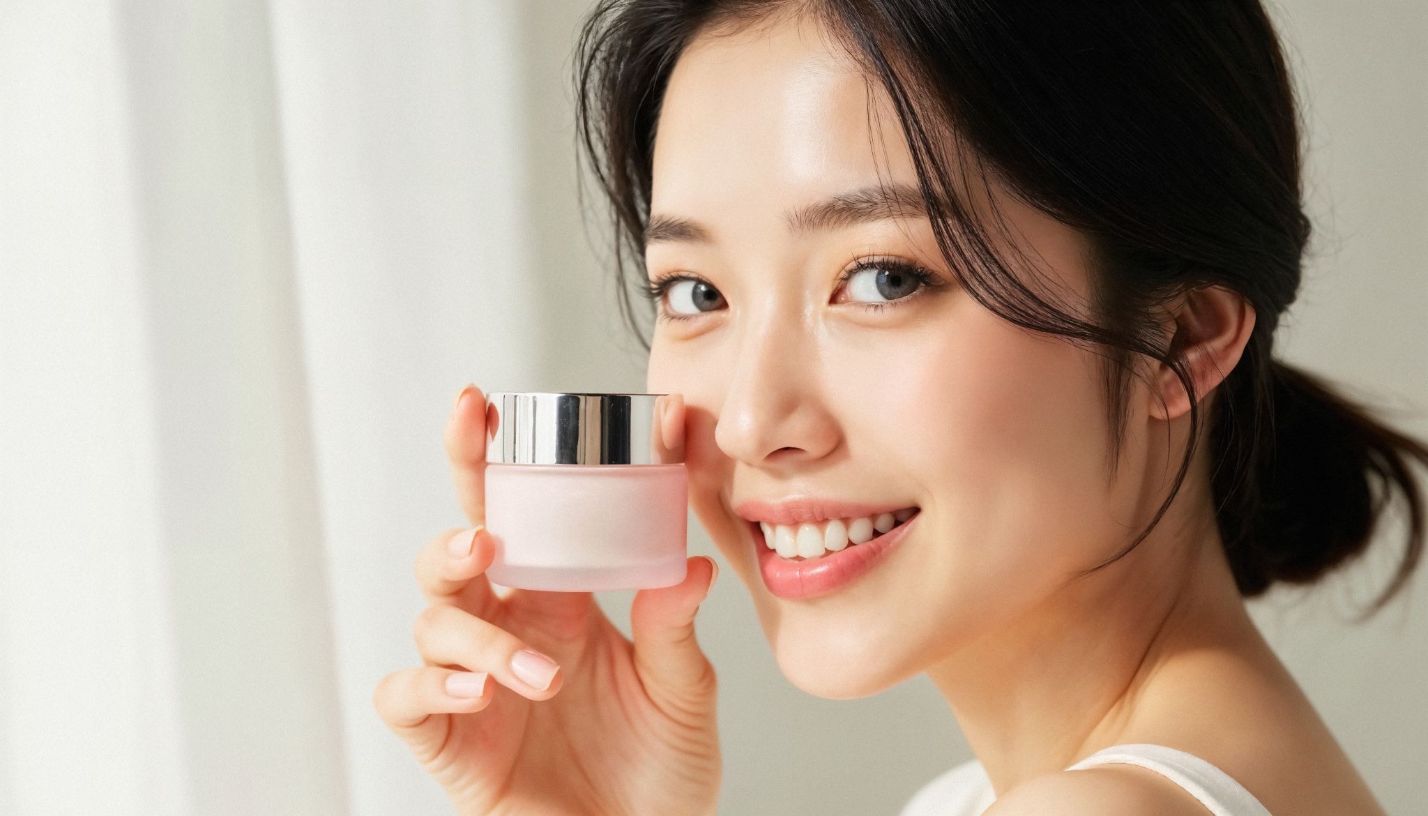 Produk pelembab wajah sedang dipegang seorang perempuan.